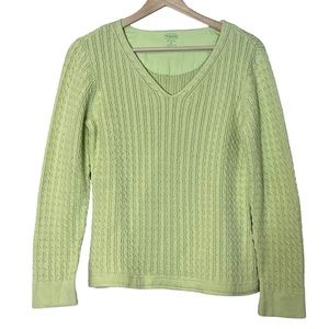 Talbots VTG Cable Knit Slim Fit V Neck Pullover Sweater Size M Lime Green